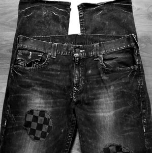 True Religion black gray checker patch straight flap Jeans